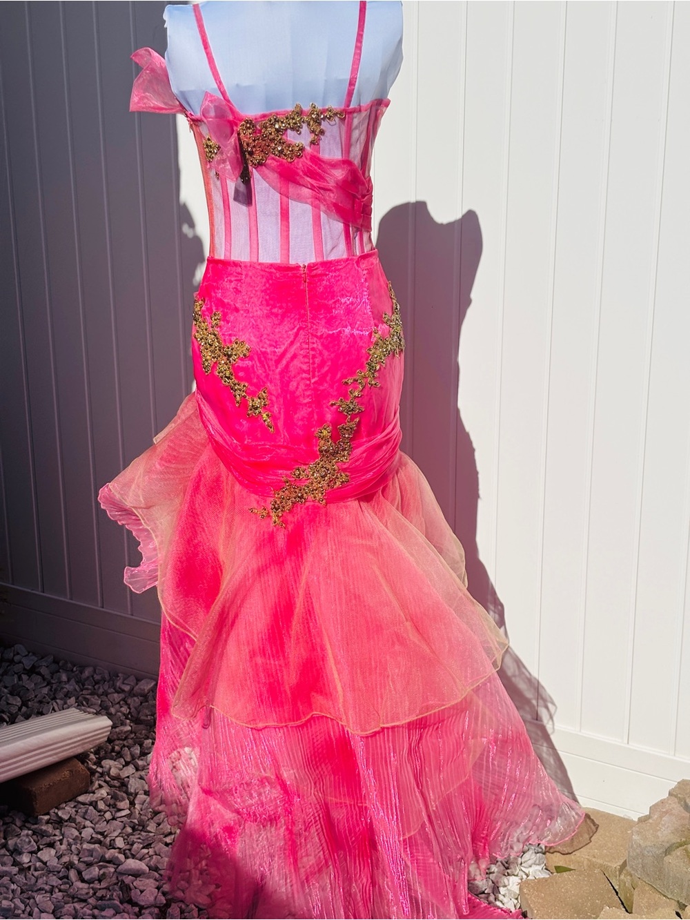 Sherry Hill Y2K Pink Corset Mermaid Prom Dress Gold Beaded Size 4 - Picture 5 of 9
